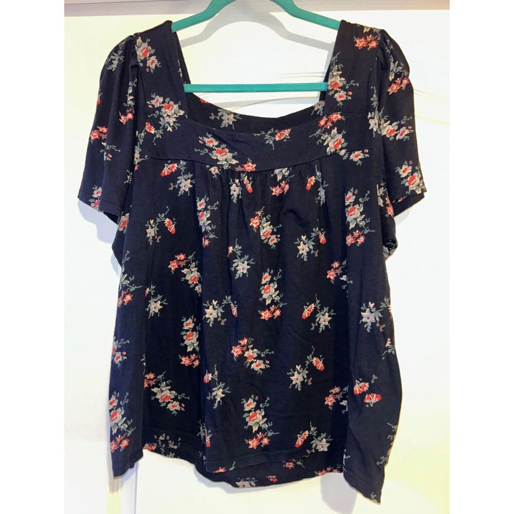 Lucky Brand navy blue pink floral boho peasant top shirt woman's XL